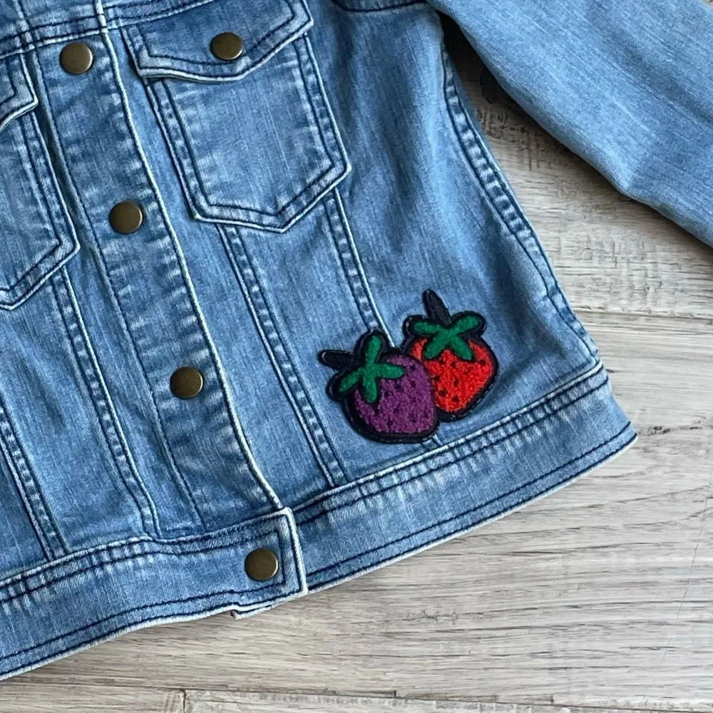 Hanna Anderson Kids Jean Jacket With Colorful Fruit Patches On Front/Back SZ 5